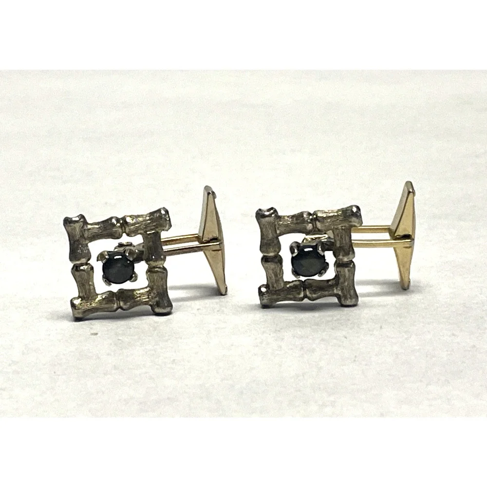 Vintage Sterling Silver Bamboo Style Cufflinks Black Stone Gold Tone Backs MCM